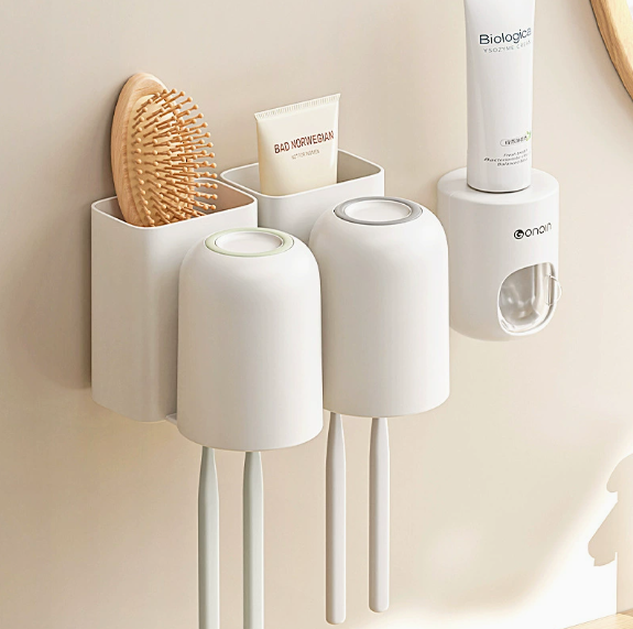 Wall-Mounted Toothbrush Holder with Cup & Toothpaste Dispenser